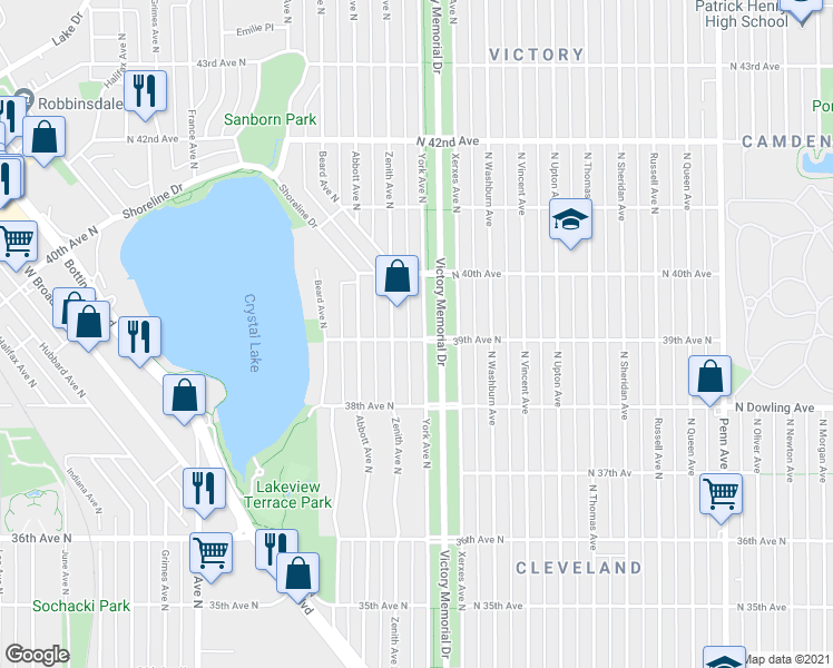 map of restaurants, bars, coffee shops, grocery stores, and more near 3901 York Avenue North in Minneapolis