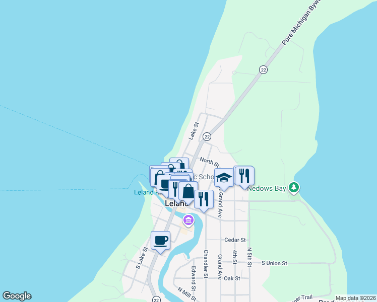 map of restaurants, bars, coffee shops, grocery stores, and more near 201-311 North Lake Street in Leland