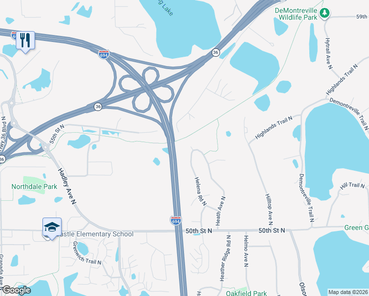 map of restaurants, bars, coffee shops, grocery stores, and more near 5436 Helena Road in Oakdale