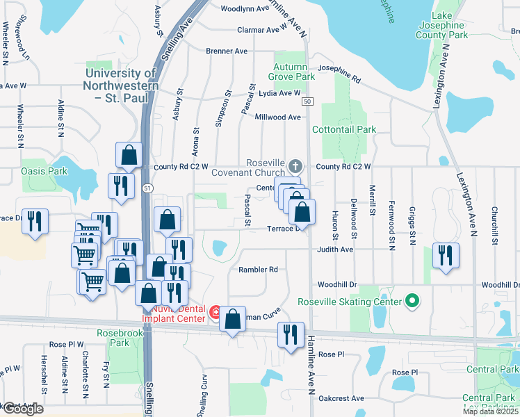 map of restaurants, bars, coffee shops, grocery stores, and more near 1425 Terrace Drive in Roseville