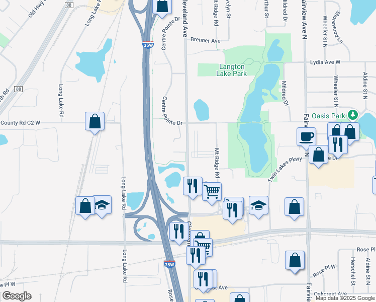 map of restaurants, bars, coffee shops, grocery stores, and more near 2800 Cleveland Avenue North in Roseville