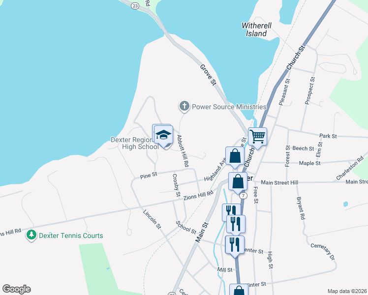 map of restaurants, bars, coffee shops, grocery stores, and more near 60 Abbott Hill Road in Dexter