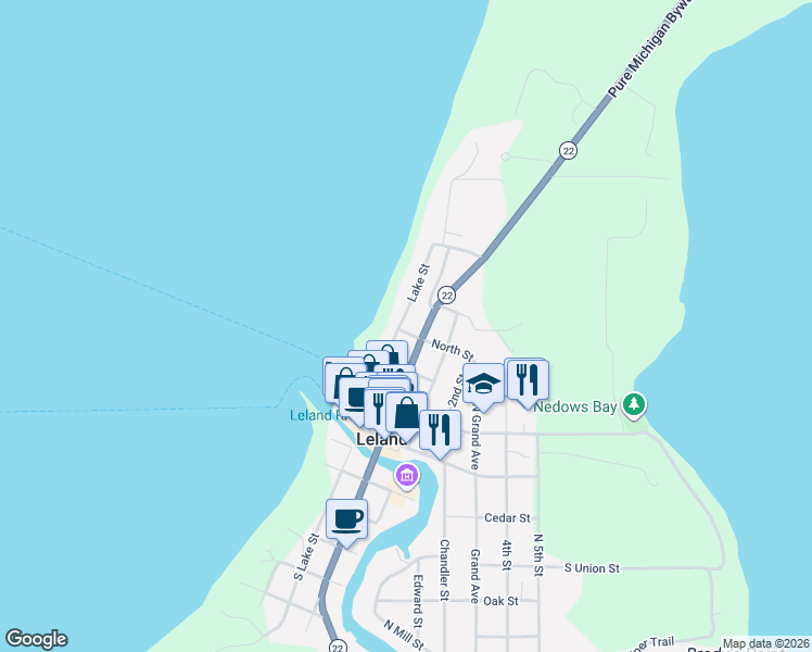map of restaurants, bars, coffee shops, grocery stores, and more near 201-311 North Lake Street in Leland