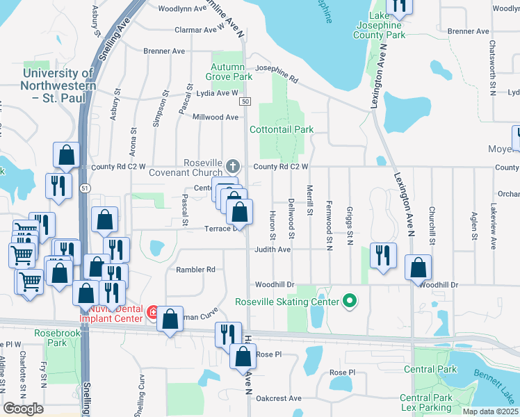 map of restaurants, bars, coffee shops, grocery stores, and more near 2800 Hamline Avenue North in Roseville