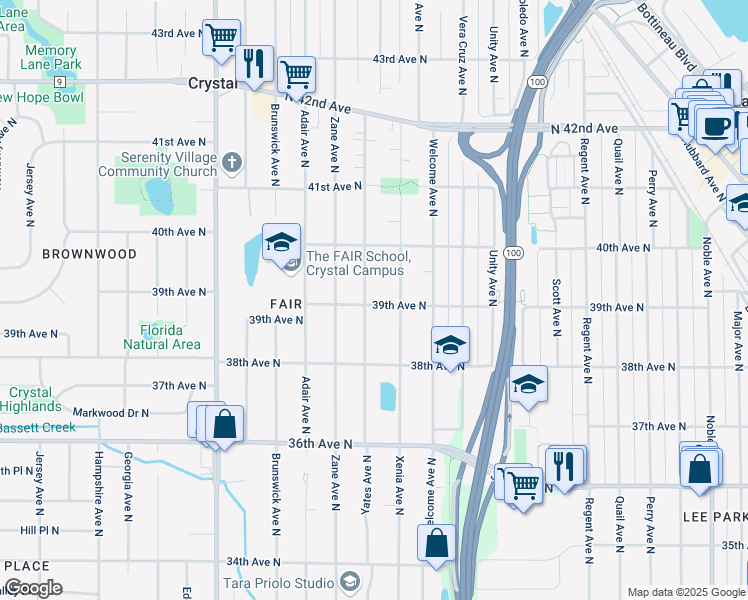 map of restaurants, bars, coffee shops, grocery stores, and more near 3845 Yates Avenue North in Minneapolis
