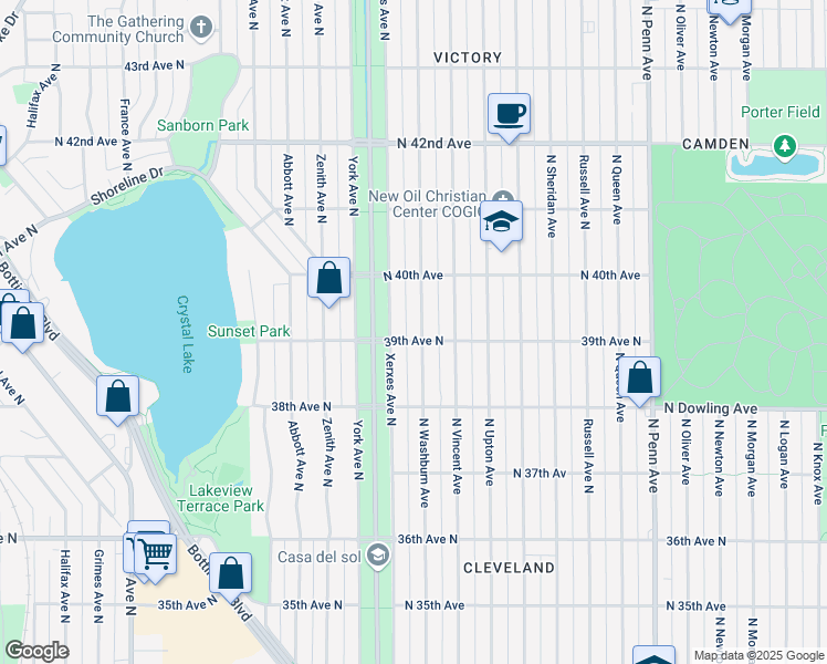 map of restaurants, bars, coffee shops, grocery stores, and more near 3842 Xerxes Avenue North in Minneapolis