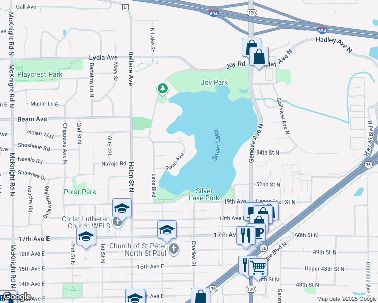 map of restaurants, bars, coffee shops, grocery stores, and more near 2614 Swan Avenue in Saint Paul