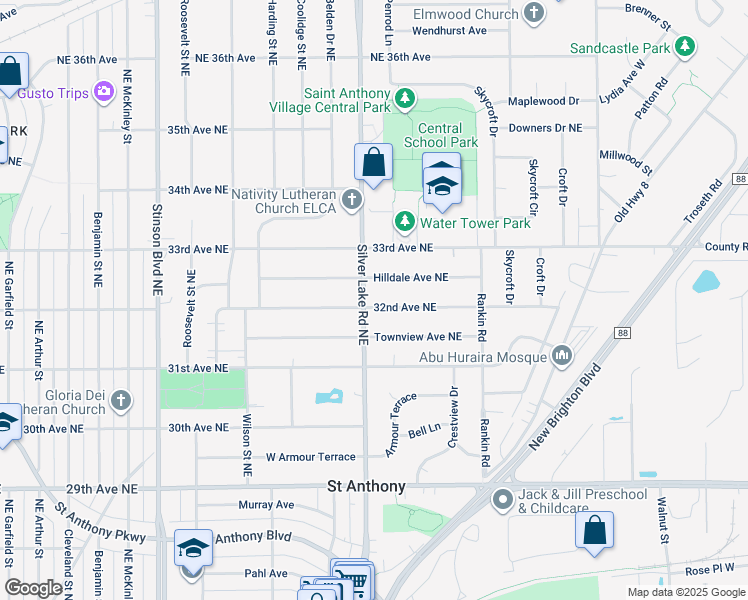 map of restaurants, bars, coffee shops, grocery stores, and more near 3123 Silver Lake Road Northeast in Saint Anthony