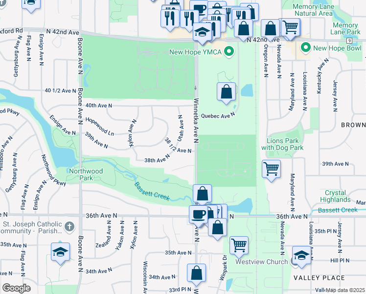 map of restaurants, bars, coffee shops, grocery stores, and more near 7909 38 1/2 Avenue North in Minneapolis