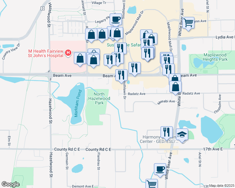 map of restaurants, bars, coffee shops, grocery stores, and more near 2811 Southlawn Drive in Maplewood