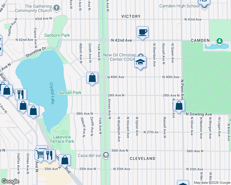 map of restaurants, bars, coffee shops, grocery stores, and more near 3842 Xerxes Avenue North in Minneapolis