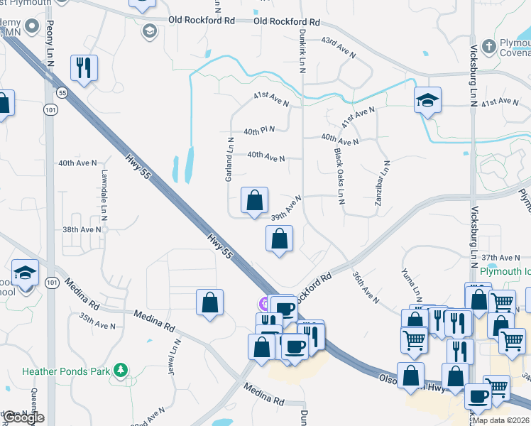 map of restaurants, bars, coffee shops, grocery stores, and more near 16909 39th Avenue North in Minneapolis