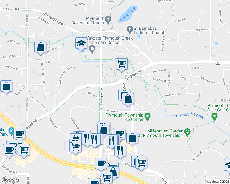map of restaurants, bars, coffee shops, grocery stores, and more near 15755 Rockford Rd in Minneapolis