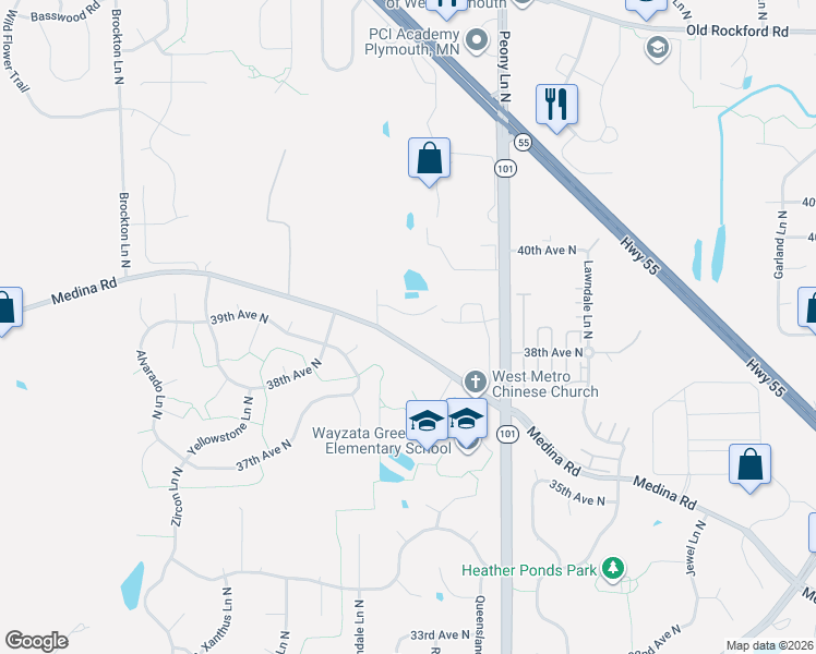 map of restaurants, bars, coffee shops, grocery stores, and more near 18205 39th Avenue North in Minneapolis