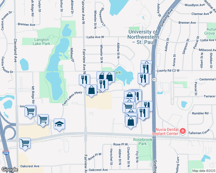 map of restaurants, bars, coffee shops, grocery stores, and more near 1725 Terrace Drive in Roseville