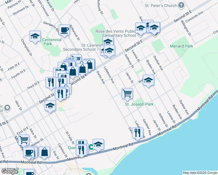 map of restaurants, bars, coffee shops, grocery stores, and more near 224 Danis Avenue in Cornwall