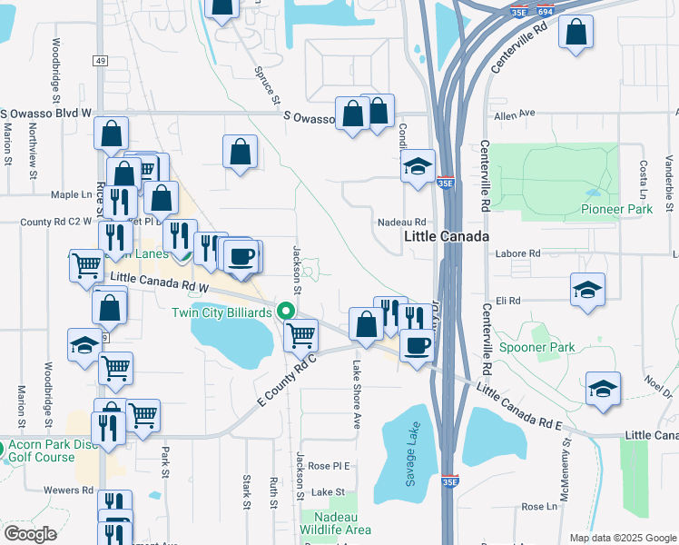 map of restaurants, bars, coffee shops, grocery stores, and more near 174 Burke Lane in Little Canada