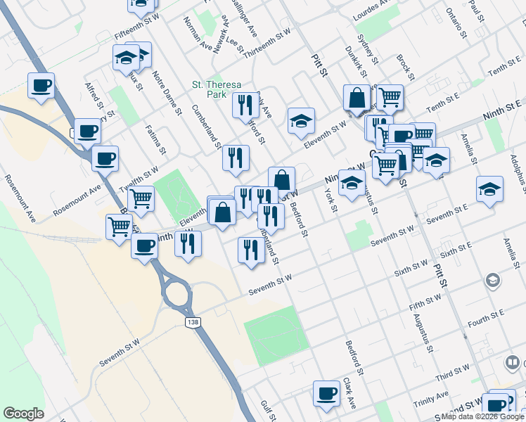 map of restaurants, bars, coffee shops, grocery stores, and more near 360 Ninth Street West in Cornwall