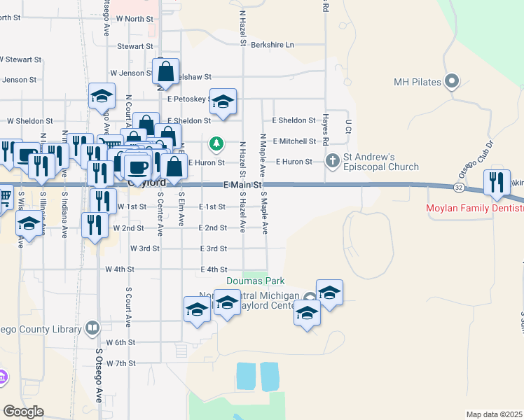 map of restaurants, bars, coffee shops, grocery stores, and more near 502 Michigan 32 in Gaylord