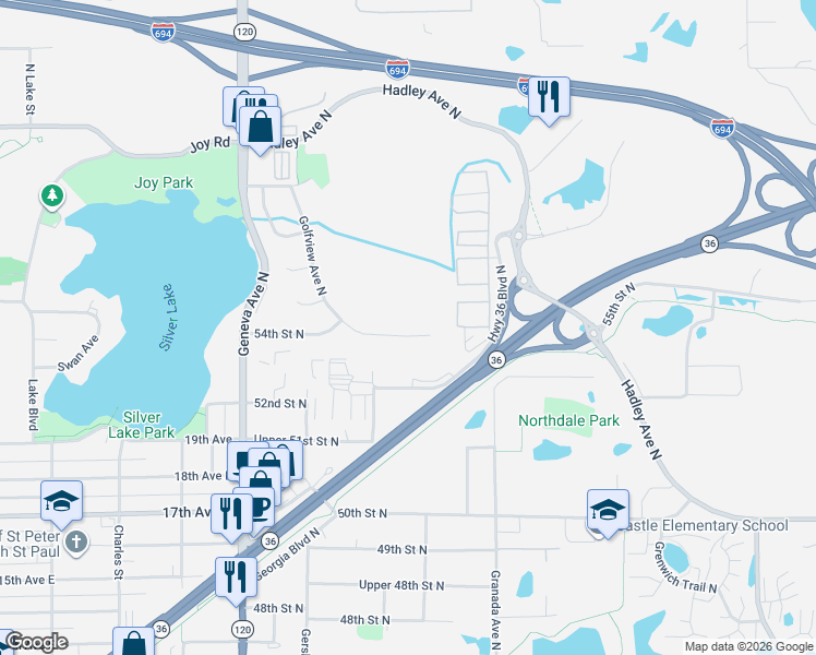 map of restaurants, bars, coffee shops, grocery stores, and more near 5437 Golfview Avenue North in Oakdale