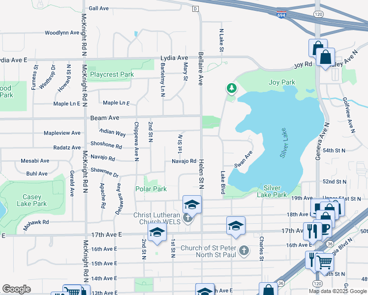 map of restaurants, bars, coffee shops, grocery stores, and more near 2448 Indian Way in North Saint Paul