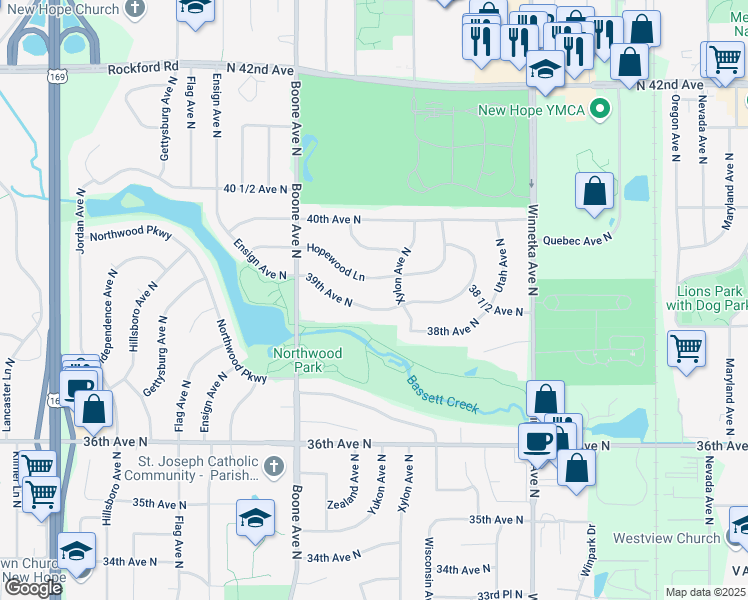 map of restaurants, bars, coffee shops, grocery stores, and more near 8316 Hopewood Lane in Minneapolis