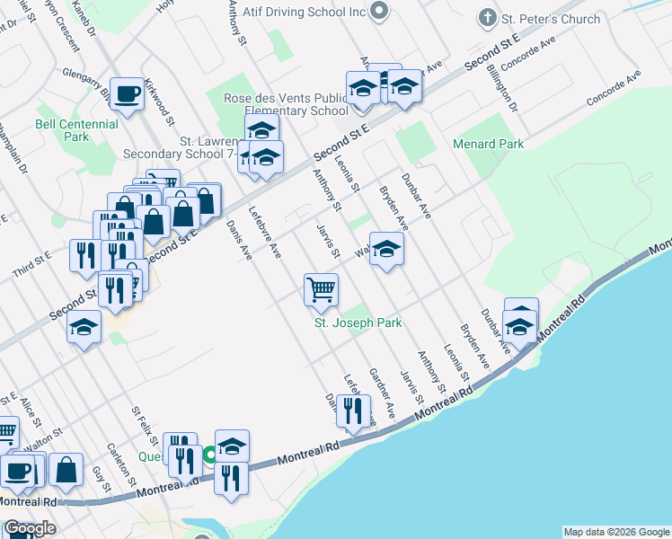 map of restaurants, bars, coffee shops, grocery stores, and more near 1312 Walton Street in Cornwall