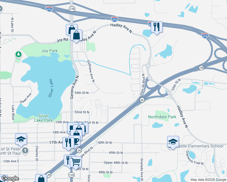 map of restaurants, bars, coffee shops, grocery stores, and more near 5437 Golfview Avenue North in Oakdale