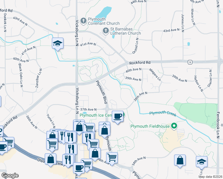 map of restaurants, bars, coffee shops, grocery stores, and more near 3900 Plymouth Boulevard in Plymouth