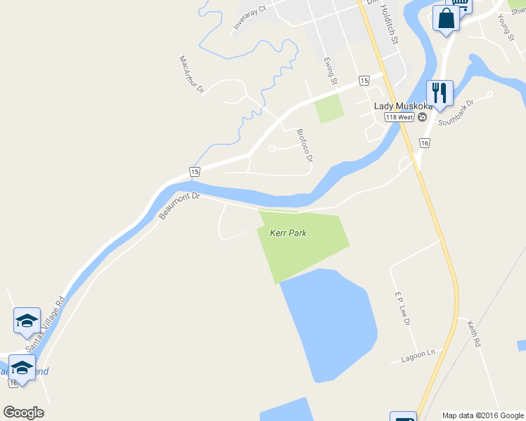 map of restaurants, bars, coffee shops, grocery stores, and more near 216 Beaumont Drive in Bracebridge