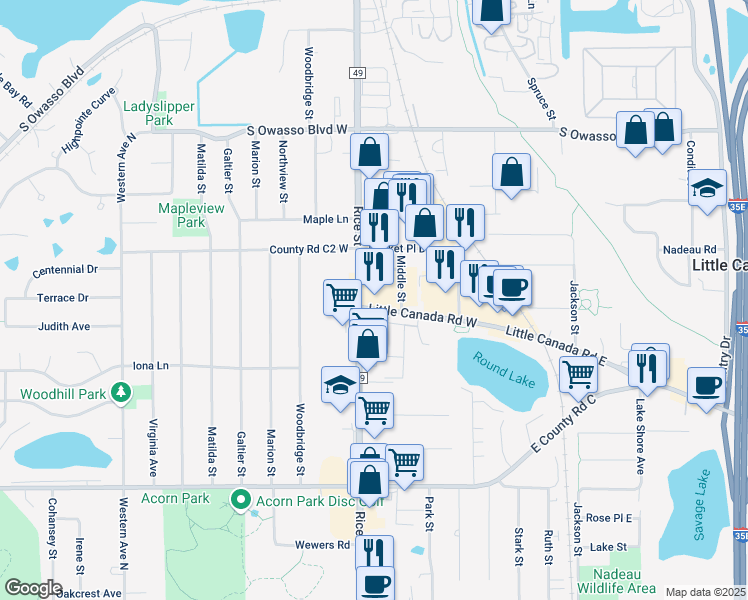 map of restaurants, bars, coffee shops, grocery stores, and more near 2850 Rice Street in Saint Paul