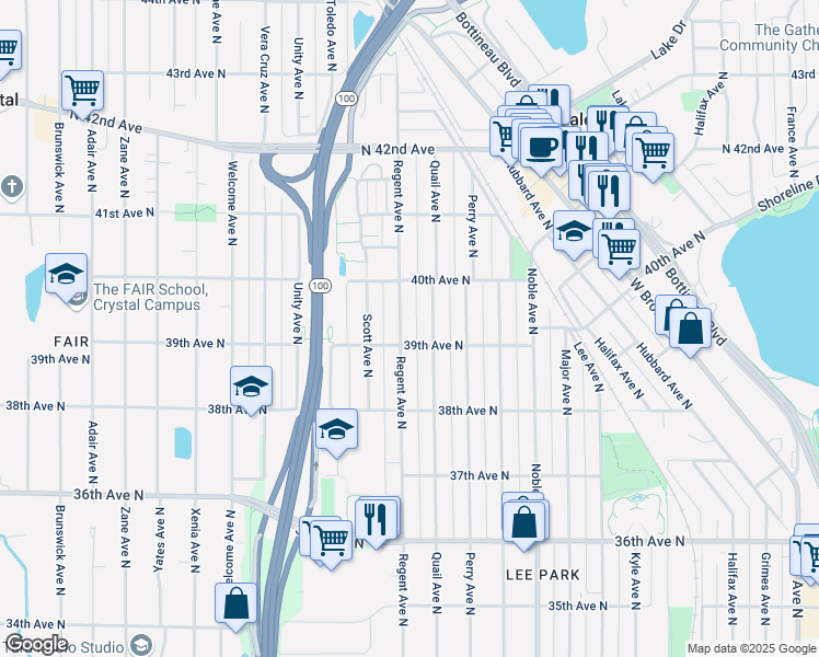 map of restaurants, bars, coffee shops, grocery stores, and more near 3933 Quail Avenue North in Minneapolis