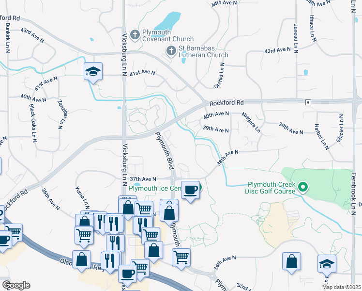 map of restaurants, bars, coffee shops, grocery stores, and more near 3900 Plymouth Boulevard in Plymouth