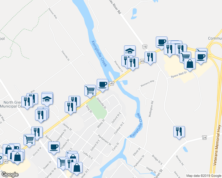 map of restaurants, bars, coffee shops, grocery stores, and more near 2878 Leeds and Grenville 43 in Kemptville