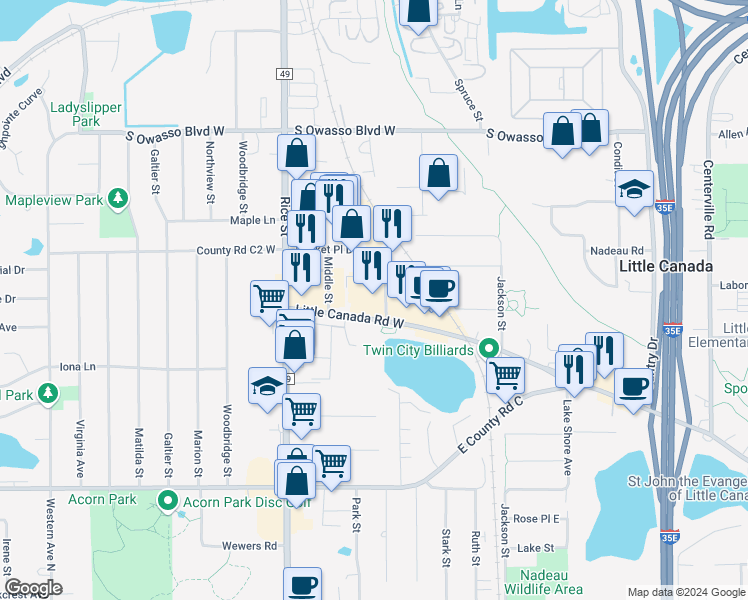 map of restaurants, bars, coffee shops, grocery stores, and more near 61 Little Canada Road West in Little Canada