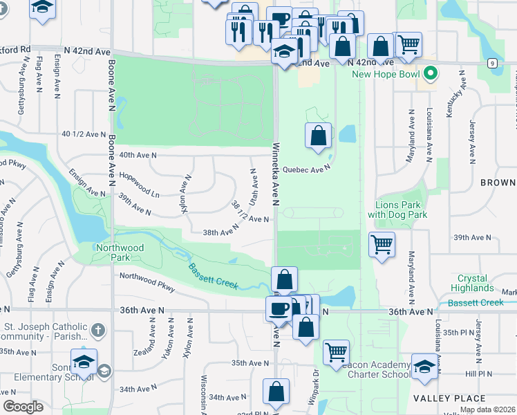 map of restaurants, bars, coffee shops, grocery stores, and more near 3900 Utah Avenue North in Minneapolis