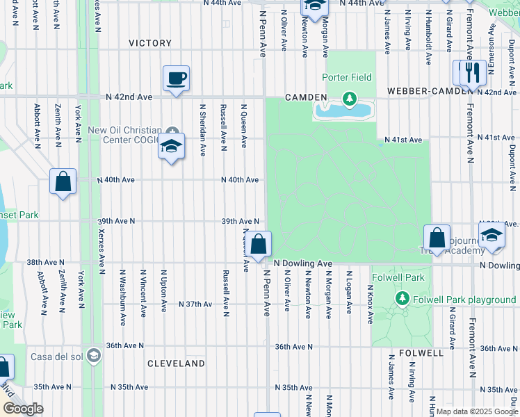 map of restaurants, bars, coffee shops, grocery stores, and more near 3939 North Penn Avenue in Minneapolis