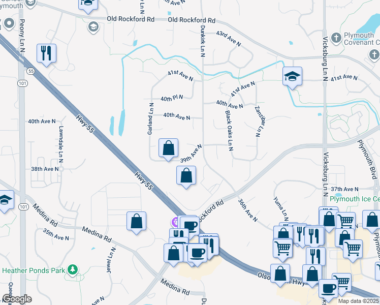 map of restaurants, bars, coffee shops, grocery stores, and more near 3933 Everest Lane North in Plymouth