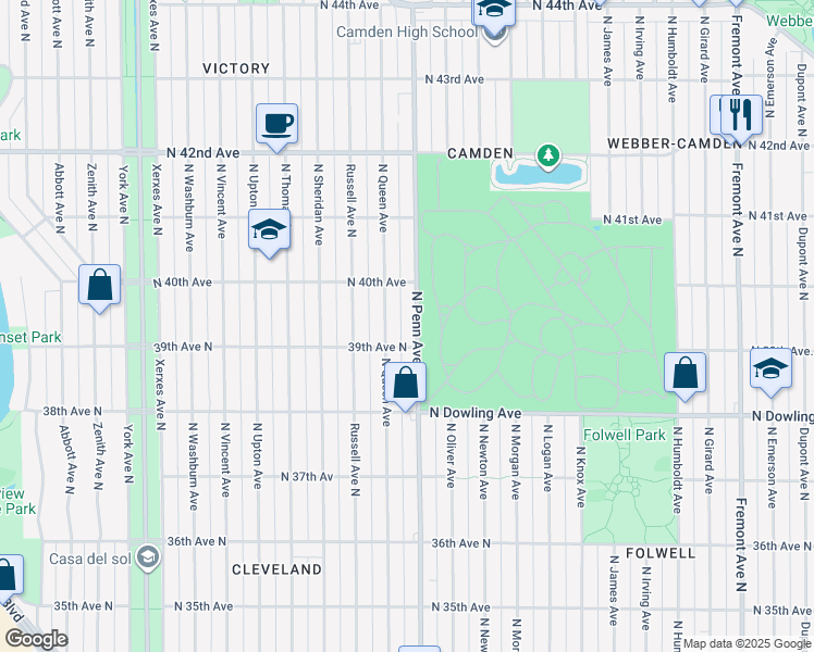map of restaurants, bars, coffee shops, grocery stores, and more near 3939 North Penn Avenue in Minneapolis