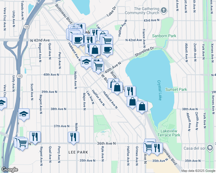 map of restaurants, bars, coffee shops, grocery stores, and more near in Robbinsdale