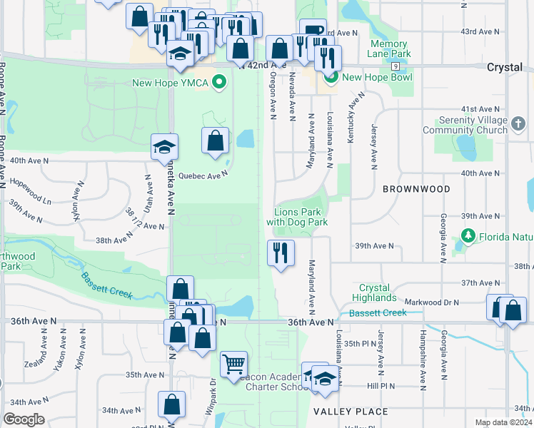 map of restaurants, bars, coffee shops, grocery stores, and more near 3903 Oregon Avenue North in Minneapolis