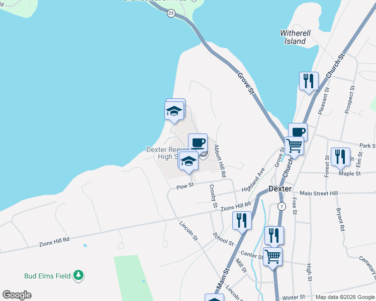 map of restaurants, bars, coffee shops, grocery stores, and more near Abbott Hill Fire Lane 1 in Dexter
