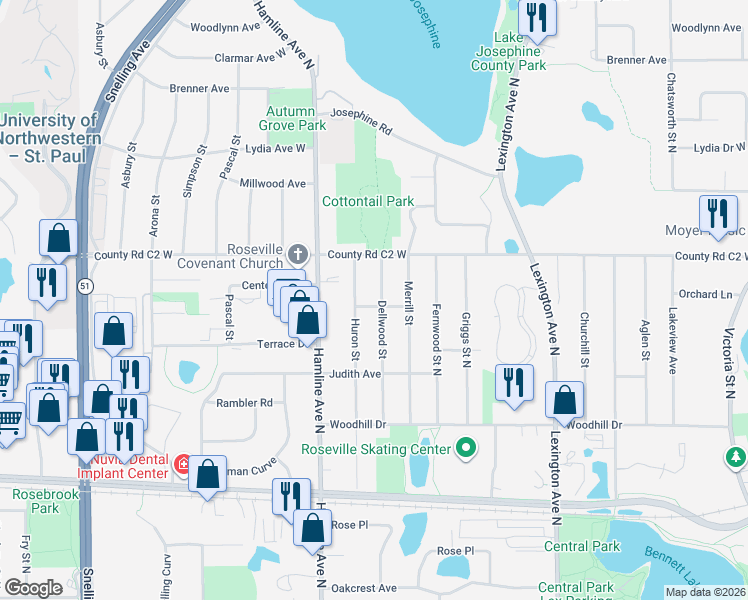 map of restaurants, bars, coffee shops, grocery stores, and more near 2851 Dellwood Street in Saint Paul