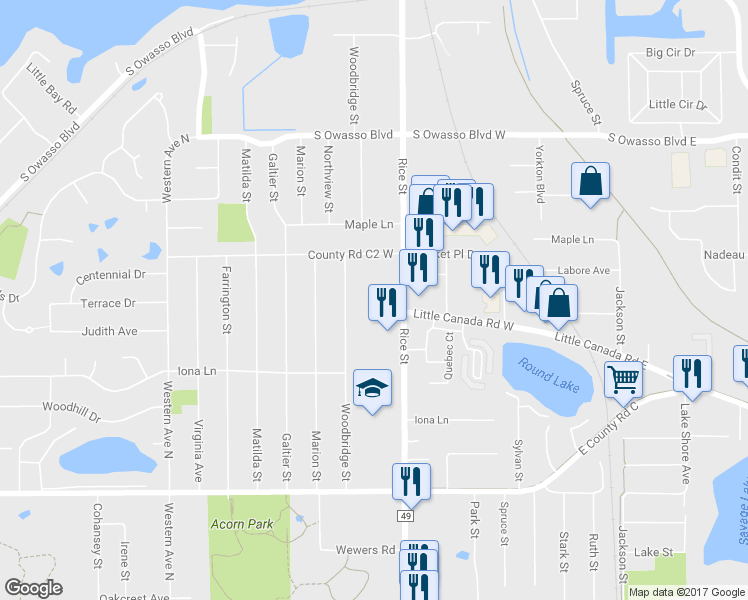map of restaurants, bars, coffee shops, grocery stores, and more near 2835 Rice Street in Roseville