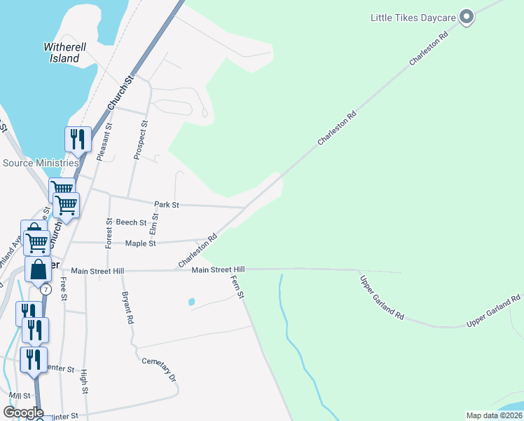 map of restaurants, bars, coffee shops, grocery stores, and more near 95 Charleston Road in Dexter