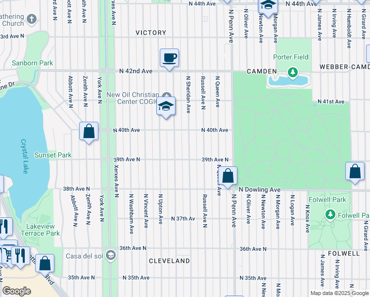 map of restaurants, bars, coffee shops, grocery stores, and more near 3938 North Sheridan Avenue in Minneapolis