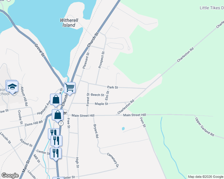 map of restaurants, bars, coffee shops, grocery stores, and more near 66 Park Street in Dexter