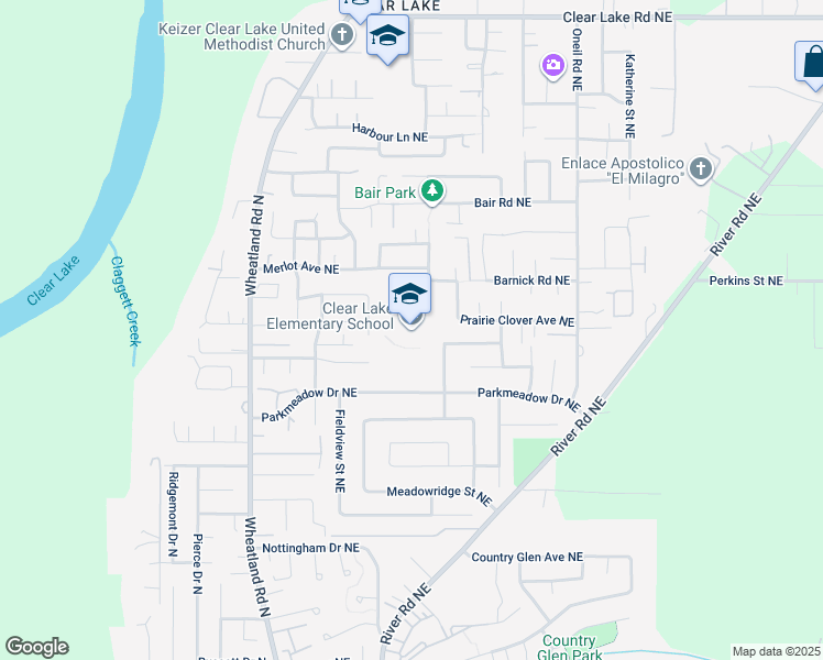 map of restaurants, bars, coffee shops, grocery stores, and more near 7425 Meadowglen Street Northeast in Keizer