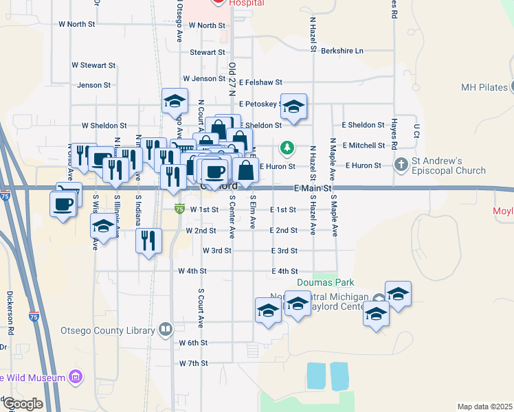 map of restaurants, bars, coffee shops, grocery stores, and more near 215 East 1st Street in Gaylord