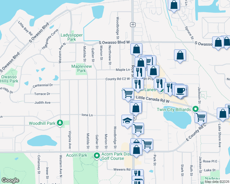 map of restaurants, bars, coffee shops, grocery stores, and more near 2850 Woodbridge Street in Roseville